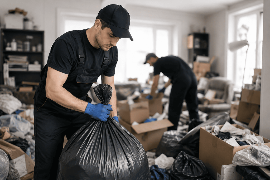Cal-Waste worker bagging clutter during a hoarding clean up in a home