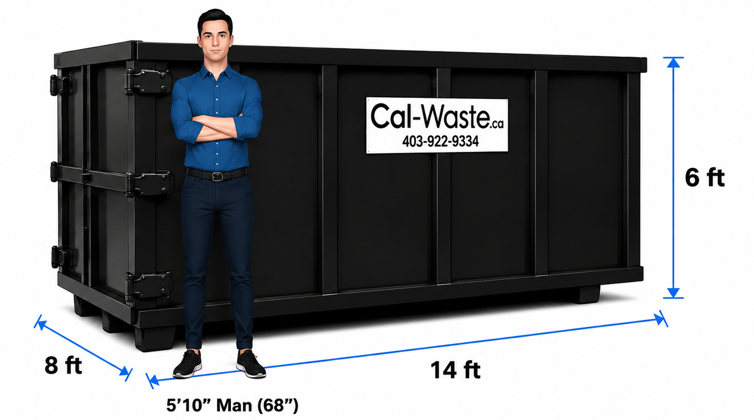 Cal-Waste 20 yard bin shown beside a man for scale, measuring 14 by 8 by 6 feet