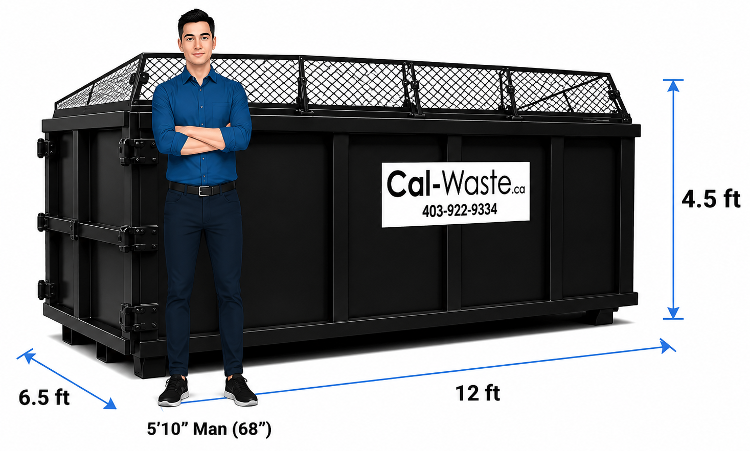 Cal-Waste lidded 12 yard bin with a mesh lid, measuring 12 by 6.5 by 4.5 feet