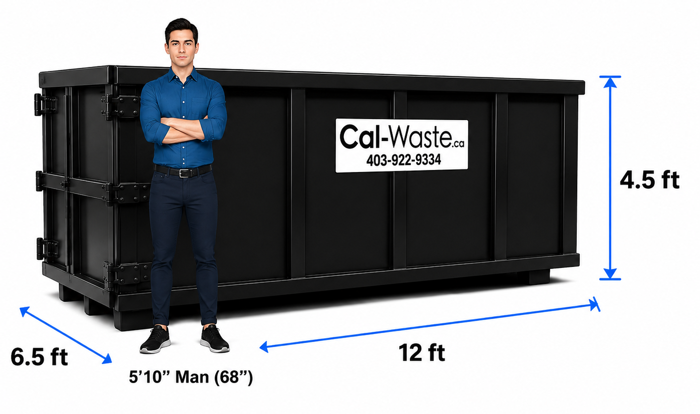 Cal-Waste 12 yard bin shown beside a 5 foot 10 man for scale, measuring 12 by 6.5 by 4.5 feet
