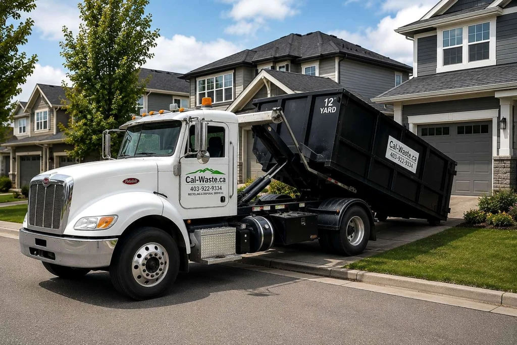 Cal-Waste roll-off truck delivering a 12 yard dumpster to a residential driveway