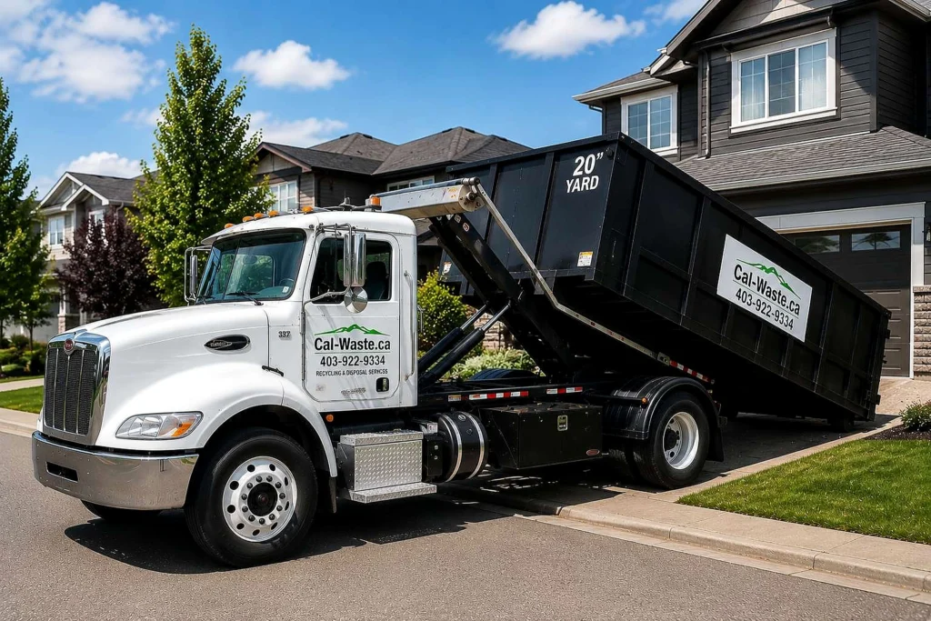 Cal-Waste roll-off truck unloading a 20 yard dumpster outside a house