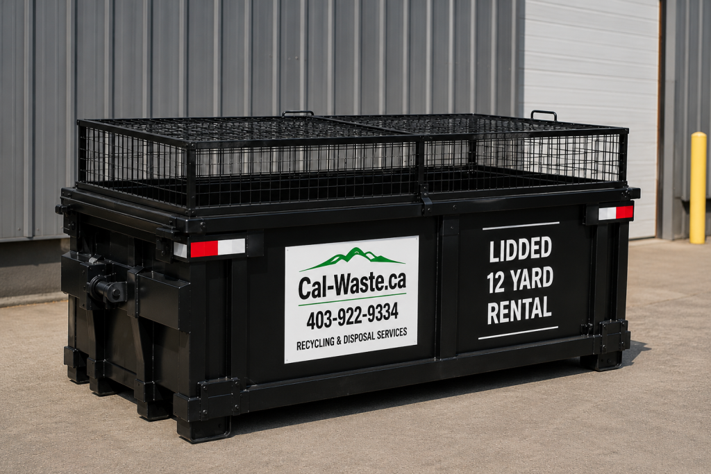 Lidded 12 yard Cal-Waste bin with a locking mesh cover