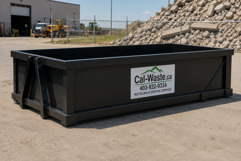 Empty Cal-Waste concrete and rubble bin beside a pile of broken concrete