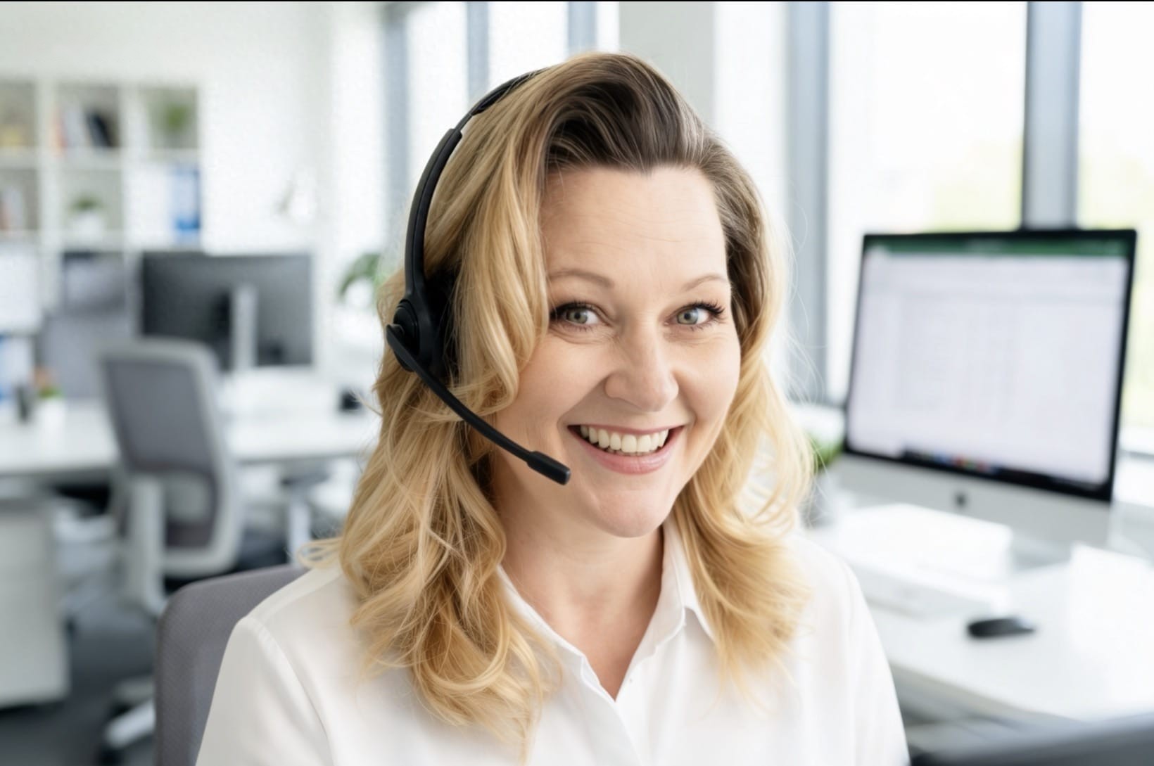 Customer service agent with a headset taking a bin rental booking by phone