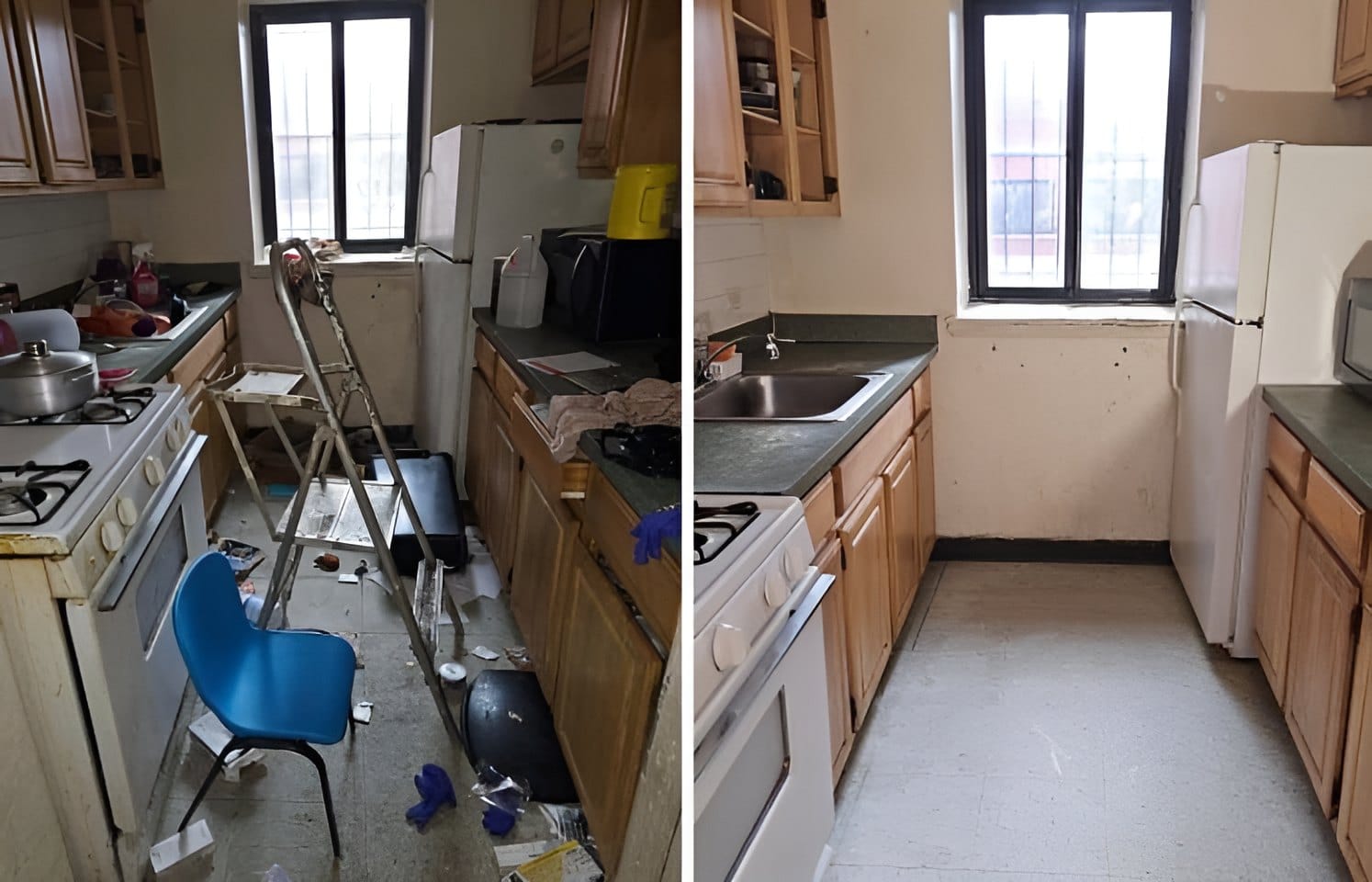 Before and after: a cluttered kitchen cleared out and left clean
