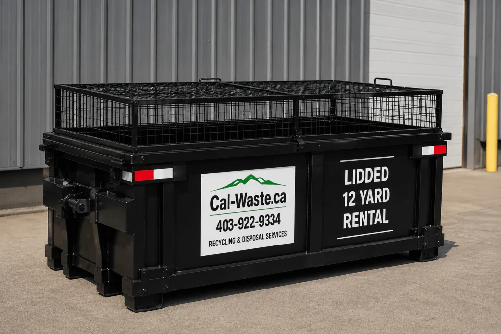 Lidded 12 yard Cal-Waste bin with a locking mesh cover