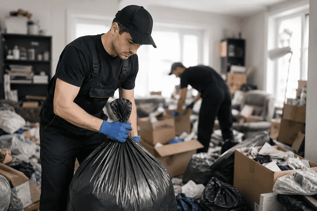 Cal-Waste worker bagging clutter during a hoarding clean up in a home