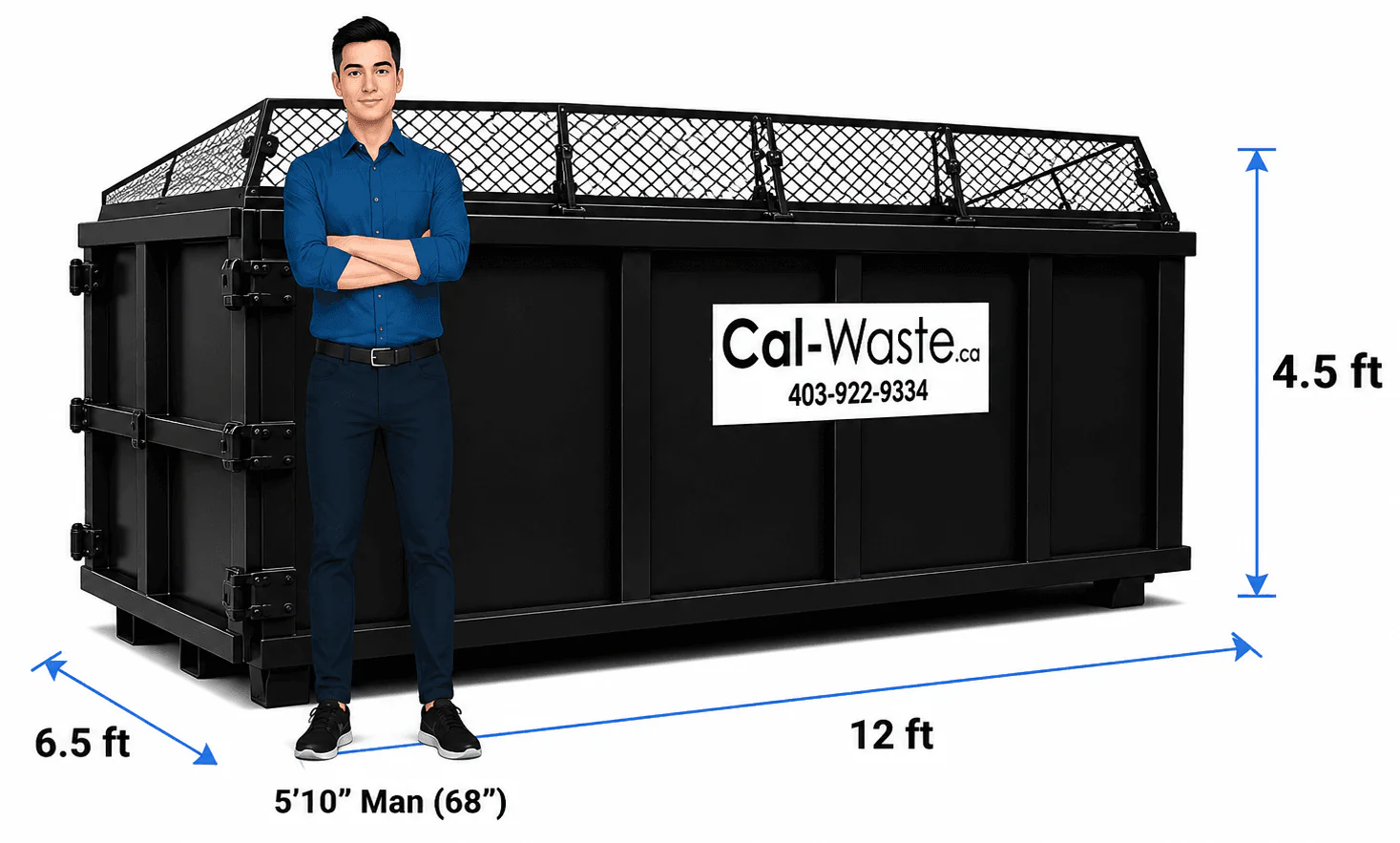 Cal-Waste lidded 12 yard bin with a mesh lid, measuring 12 by 6.5 by 4.5 feet