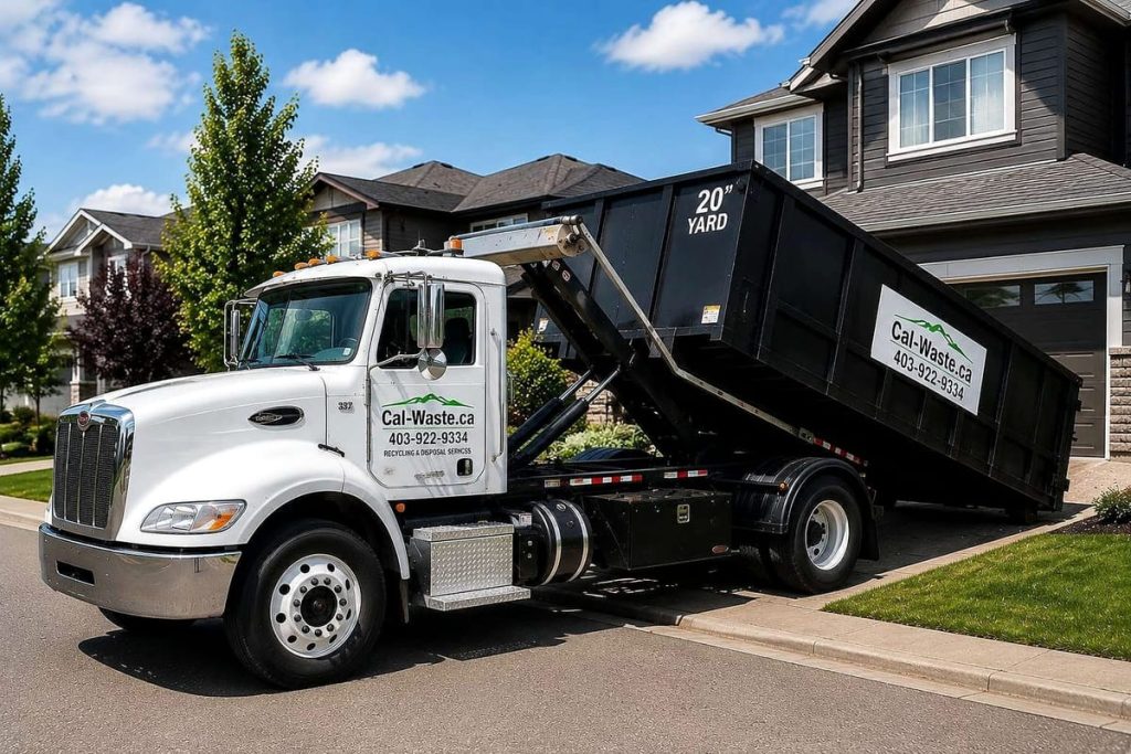Cal-Waste roll-off truck unloading a 20 yard dumpster outside a house