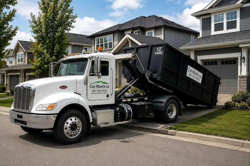 Cal-Waste truck delivering a 12-yard bin to a residential driveway