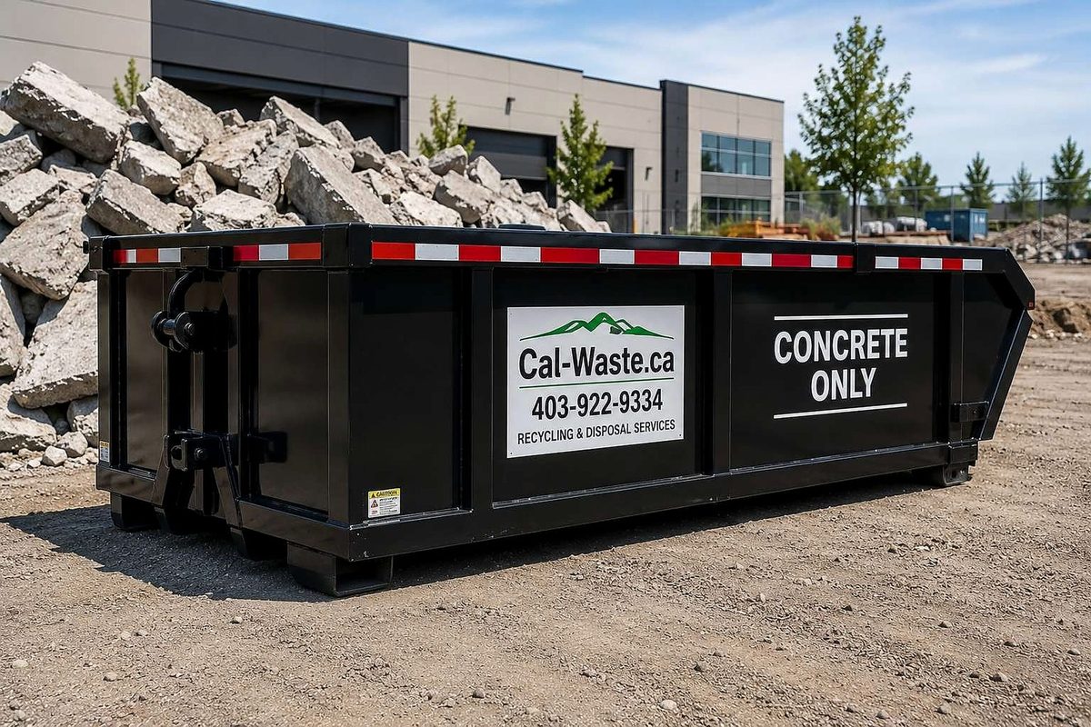 Cal-Waste concrete-only bin beside a pile of broken concrete in Calgary
