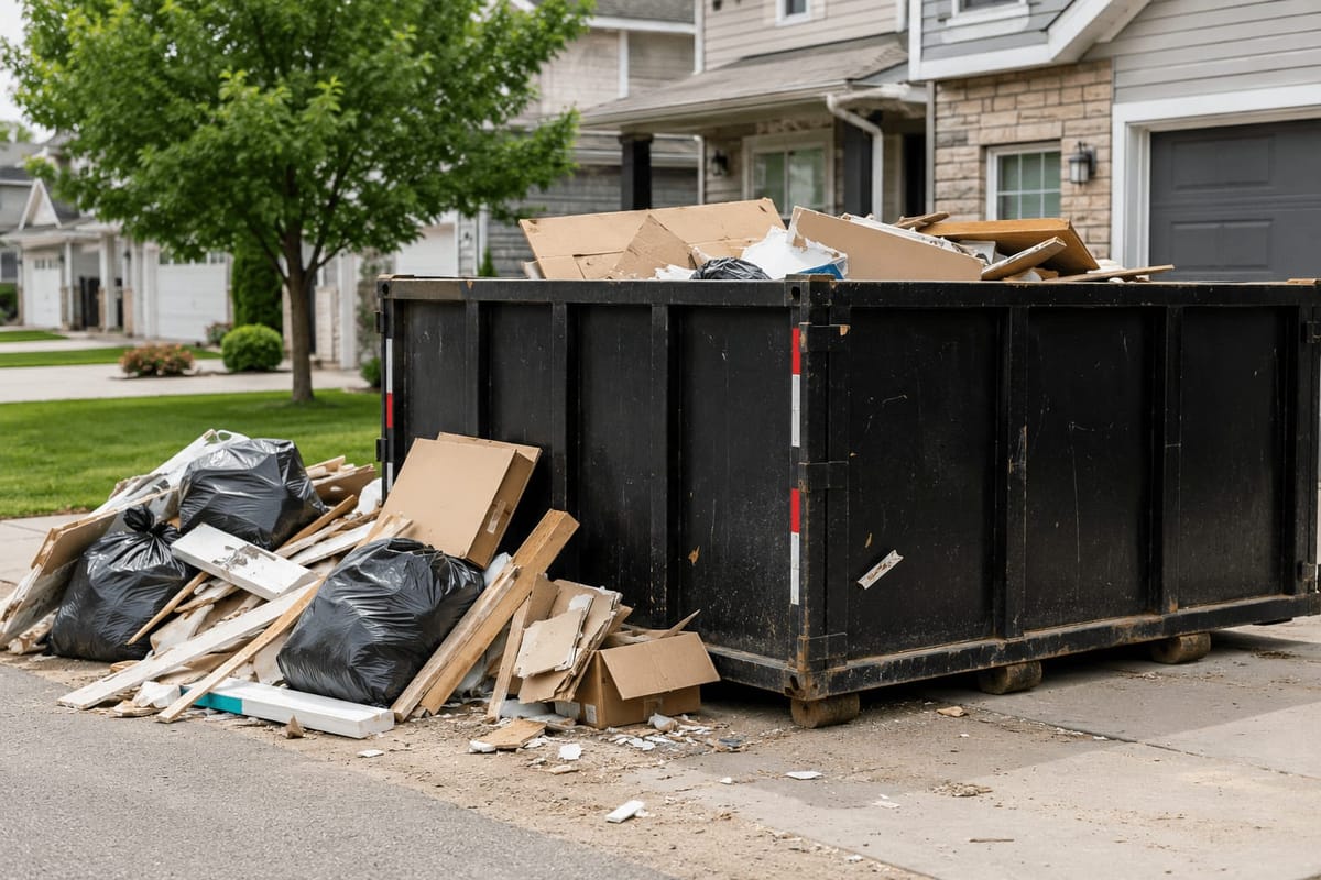 Large dumpster bin with construction debris and garbage bags on a residential driveway during a home cleanup project