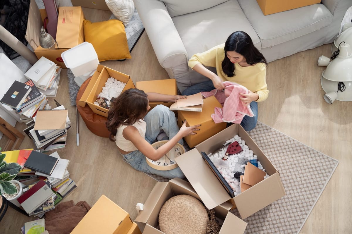 Two women unpacking moving boxes in a living room