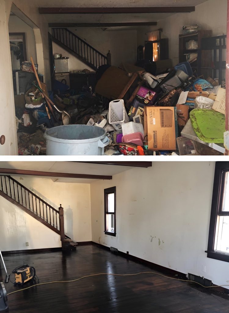 Before and after: a hoarded living room cleared to a clean, empty floor