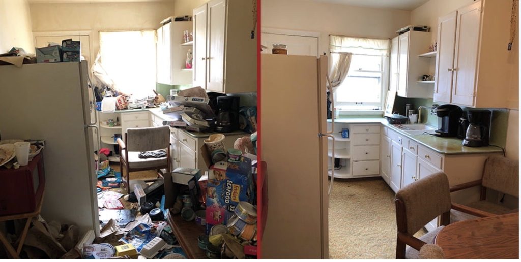 Before and after: a hoarded kitchen cleared out and left clean