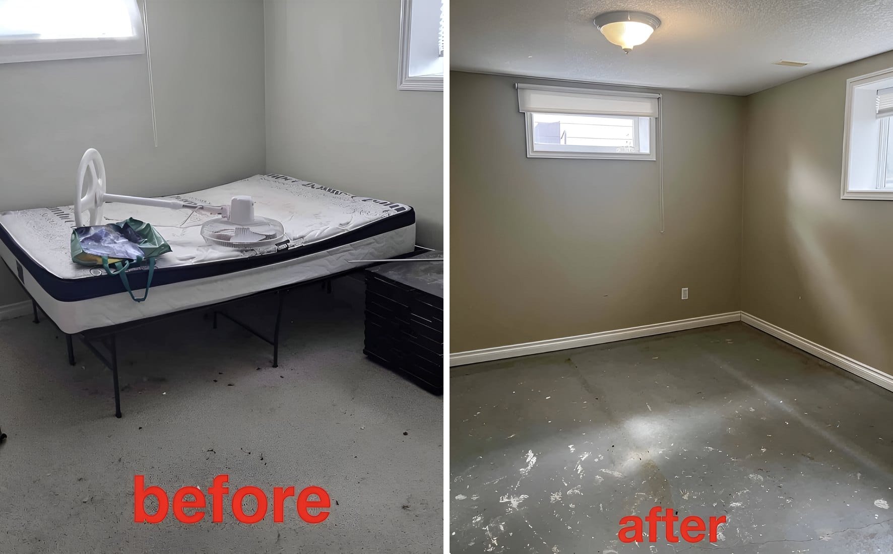 Before and after: a rental unit bedroom cleared of a mattress and junk