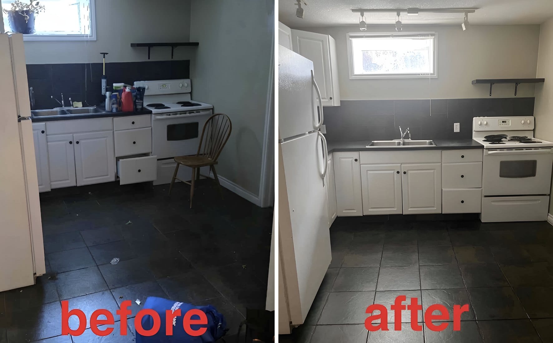 Before and after: a rental unit kitchen cleared out and cleaned