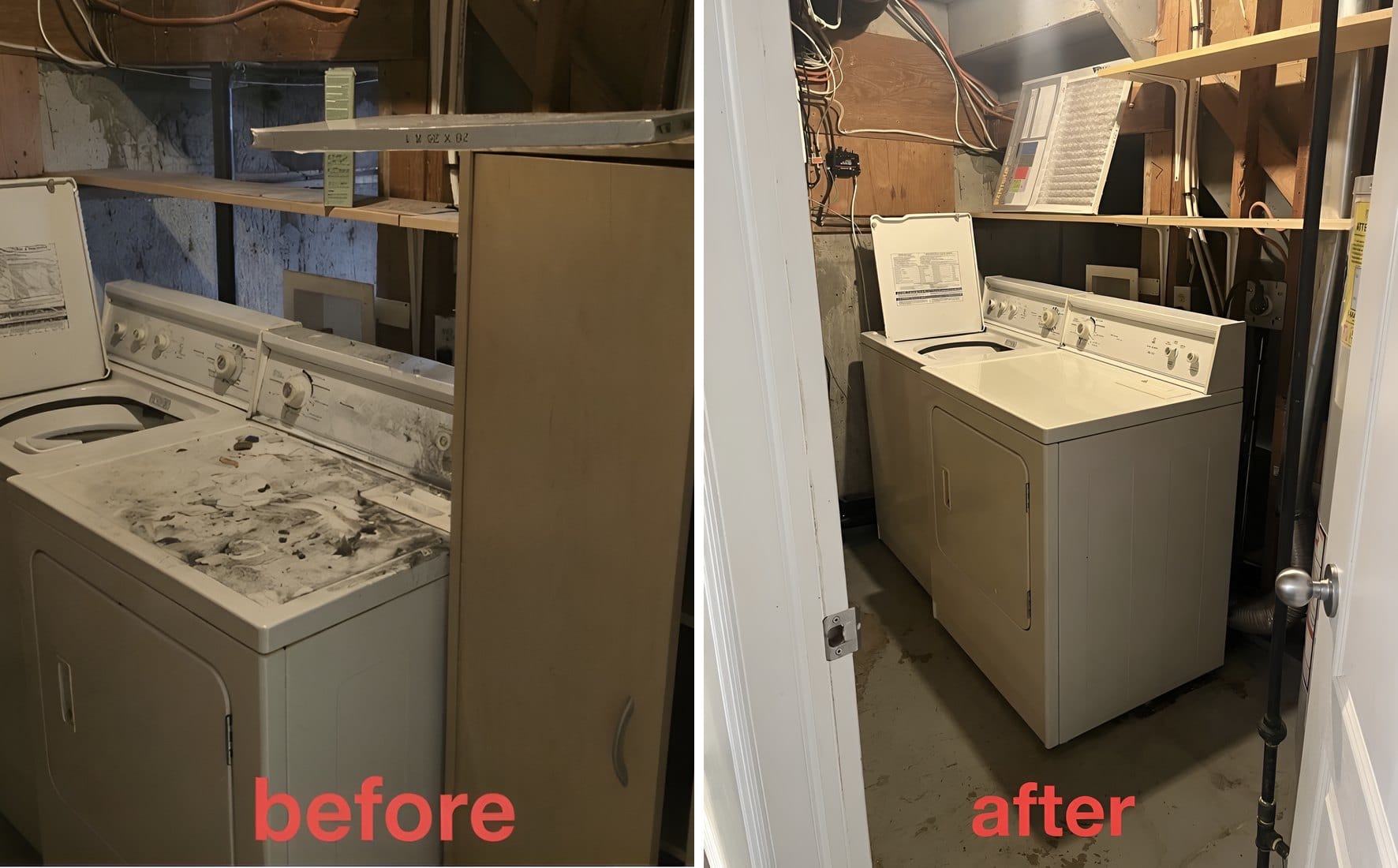 Before and after: a rental unit laundry room cleared and cleaned